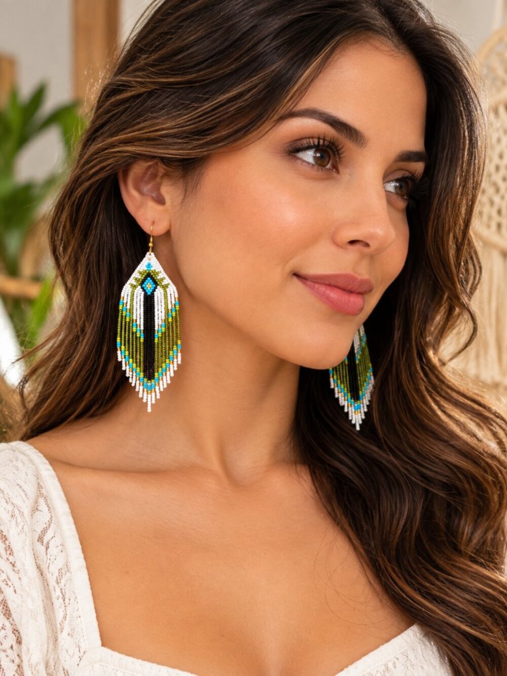 Handmade Green Blue Beaded Fringe Earrings Boho Statement Dangle Jewelry